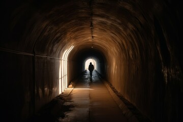 Obraz premium Tunnel underground man dark. Generate Ai
