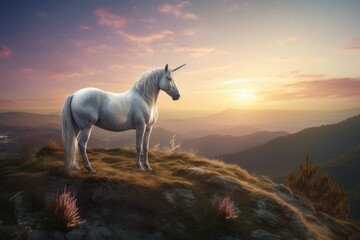 Naklejka na ściany i meble Unicorn hill sunset. Generate Ai