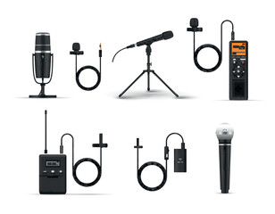 Microphones for podcasts interview and blogging radio sound equipment set realistic vector