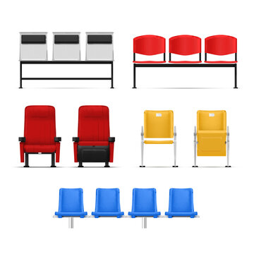 Stadium seats football soccer supporters chairs fans different shape set realistic vector