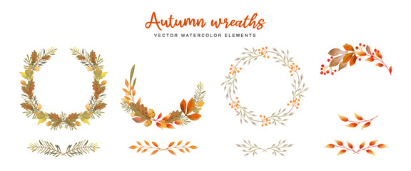 Fall watercolor wreaths of leaves, acorns, brunch and berries. Vector autumn frame for greeting cards, wedding invitations, quotes and decorations