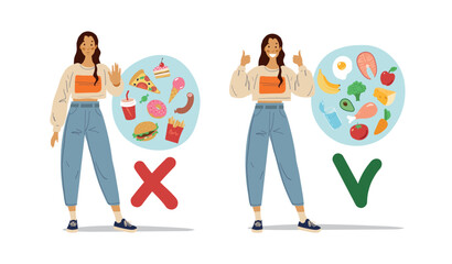 Modern Teen Girl chooses a healthy diet. A woman shows a stop sign for harmful unhealthy trash food. Healthy lifestyle advice banner. Flat cartoon vector illustration.