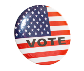 Pin with USA flag USA campaign votes, isolated on blank background.