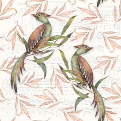 Seamless watercolor pattern in vintage style with the image of a decorative bird sitting on a willow branch.