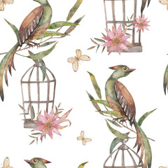 Seamless watercolor pattern in vintage style with the image of a green bird sitting on a cage. Pattern on a white background.