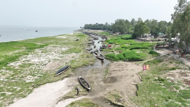 Aerial view of Boats on the river beach