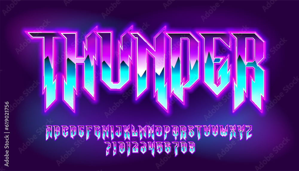 Fototapete thunder alphabet font. glowing letters and numbers in heavy metal style. retro typescript for your t