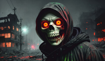 Scary zombie in the city at night, halloween concept. Generative AI.