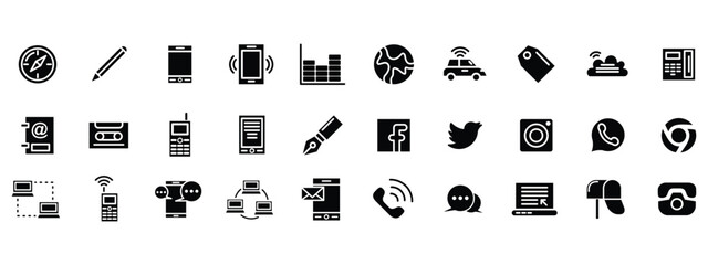 service, multimedia, network, communication, media, icon set, solid icon pack