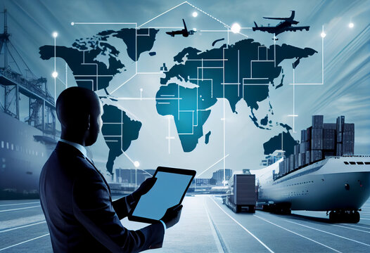 Transport and shipping business cargo concept. Air transport, container shipping by sea and trucks. Online distribution control. AI generated.