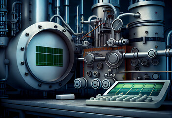 Abstract illustration, production process at a petrochemical plant. Logo, emblem. AI generated.