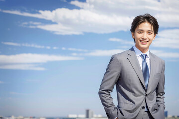 青空をバックに微笑む20～30代のイケメンビジネスマン ジェネレーティブ