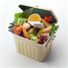 Food, vegetables and fruits in the trash as waste. Isolated not white. AI generated.