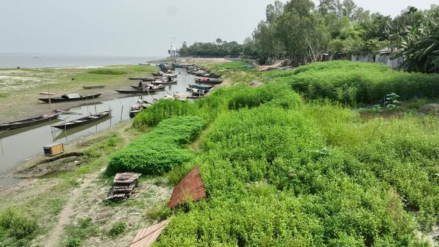 Drone video of fishing boat jetty in Sariakandi, bogura, bangladesh
