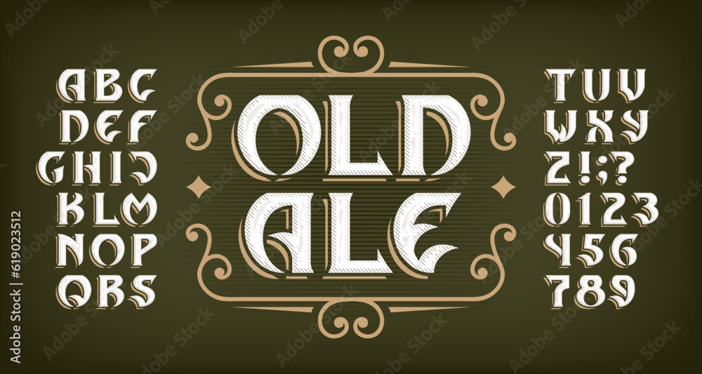 Fototapete old ale alphabet font. letters and numbers in medieval style for label, badge or emblem design. stoc