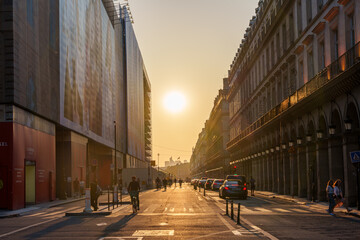 Obraz premium 夕日に照らされるパリの街並みと道路を行き交う車や通行人の交通