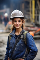 Young beautiful woman in work clothes and a protective helmet. In the background is production, a factory or a construction site. AI generated.