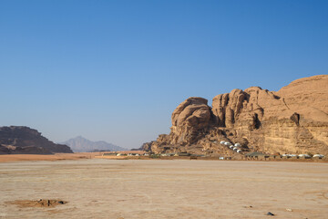 Arabian desert. Wadi Rum. Space landscape. Footprints in the sand. Filming location for many science fiction films.