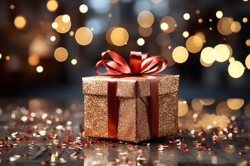 Shiny gift box with red bow on the background of bokeh effect. Generative AI