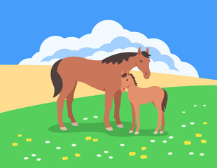 Wild horse and foal in the green flower meadow in front of a cloudy blue sky. Vibrant colorful flat stylized illustration. Natural landscape