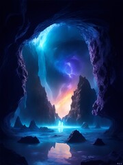 The entrance of the mysterious cave leading to another world, portrait made with Generative AI.