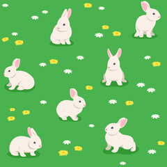 Playful bunnies in the spring flower meadow. Seamless pattern of cute little rabbits playing in green grass. Simple adorable cartoon illustration
