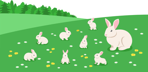 Mother rabbit with cute baby rabbits in the summer flower meadow. Little playful adorable bunnies grazing in green grass. Flat cartoonish illustration
