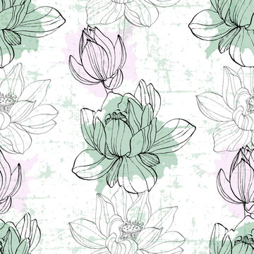 Water lily seamless pattern with a contemporary Asian twist. Featuring a beautiful blossom flower illustration on an art deco-inspired background. Enhanced by elegant  art, this vector floral design.