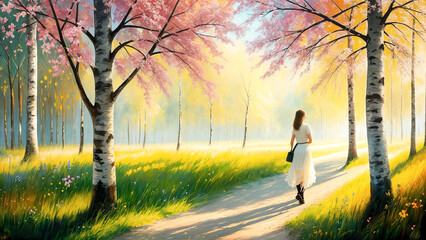 Fototapeta premium Woman in the summer forest.Bright dress, butterflies.Long white summer dress.Digital creative designer art drawing.AI illustration
