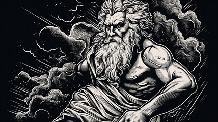 Engraved portrait of Zeus king of the gods on Mount Olympus in Greek mythology and is the god of sky and thunder who's Roman equivalent is Jupiter, computer Generative AI stock illustration image - obrazy, fototapety, plakaty
