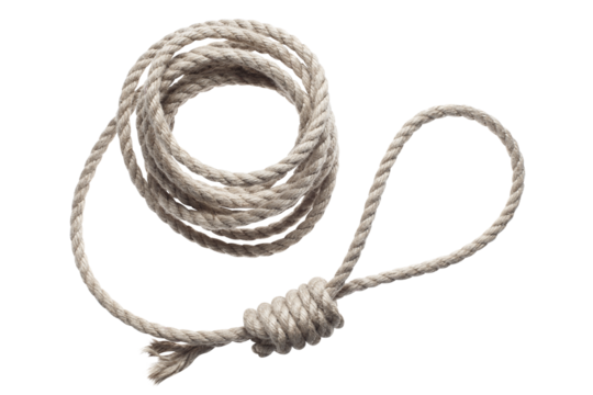Roll of a thin rope with a loop for hanging, cut out