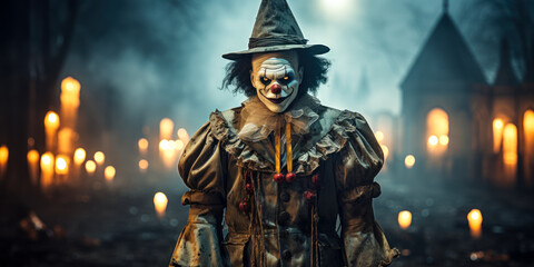 Twisted Circus: Sinister Male Ghost Clown in Halloween Fall Setting - obrazy, fototapety, plakaty