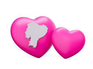 3d Shiny Pink Hearts With 3d White Map Of Ecuador Isolated On White Background, 3d illustration