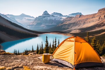 Outdoors camping near river in yellow tent