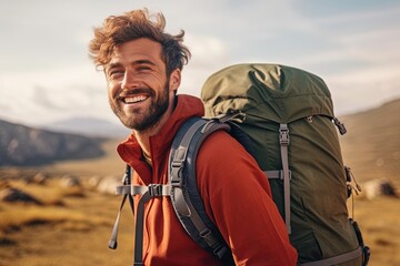 handsome young man with beard backpack trekking outdoors laughing to the camera - obrazy, fototapety, plakaty
