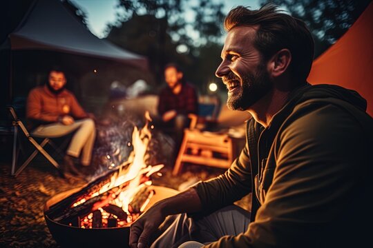 Friends gather around bone fire while camping