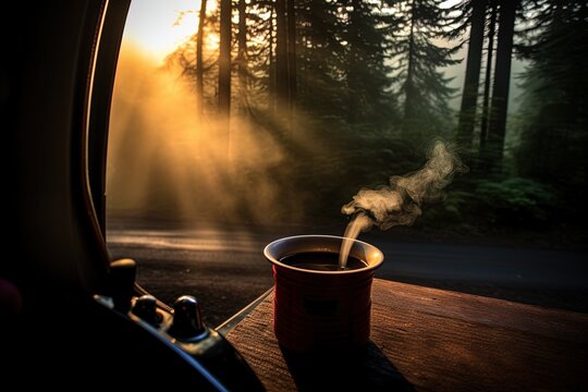 Steaming cup of coffee in a van life campervan living