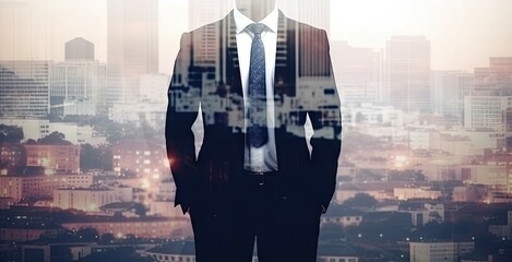 Successful Businessman in Suit Standing in Urban City with Copy Space for Professional Finance and Leadership Concept. Generative AI illustrations