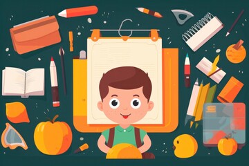 set of school supplies on a green background. Cartoon cute schoolboy with a backpack
