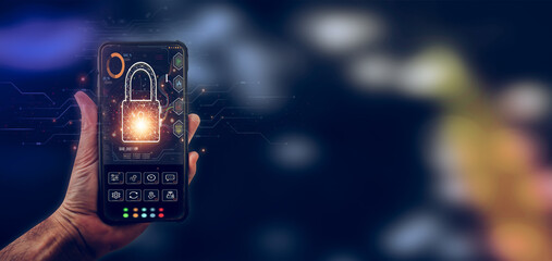 Fototapeta na wymiar Secure data protection concept with a padlock guarding business info. Cyber security, privacy, and futuristic tech for safeguarding digital data. Blue lock icon for online security. copy space