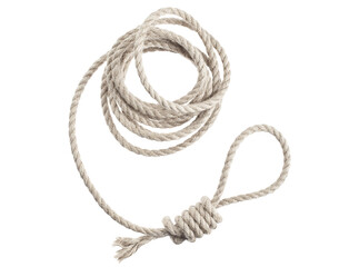 Roll of a thin rope with a loop for hanging, cut out