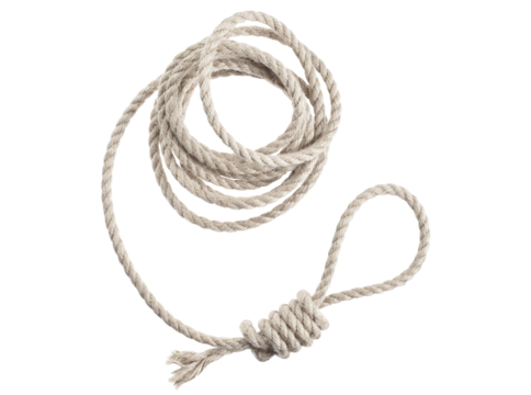Roll of a thin rope with a loop for hanging, cut out