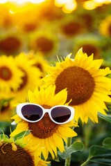 Artistic photography of a sunflower wearing glasses in a field during a summer sunset