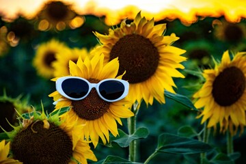 Artistic photography of a sunflower wearing glasses in a field during a summer sunset