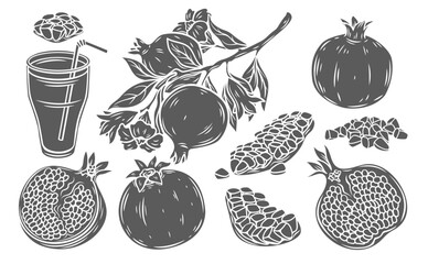 Pomegranate glyph icons set vector illustration. Stamp of whole garnet and glass with juice, pomegranate tree branch with flowers, leaves and fruit, quarter slices with seeds and half of grenadine - obrazy, fototapety, plakaty