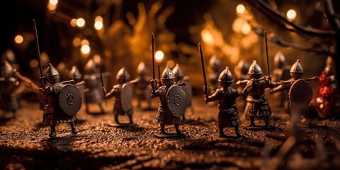 A group of figurines of knights with spears and shields. Generative AI image. - obrazy, fototapety, plakaty