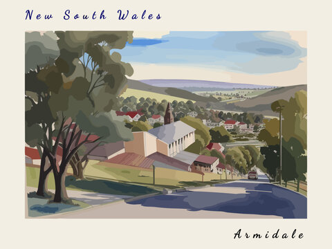 Armidale: Postcard design with a scene in Australia and the city name Armidale