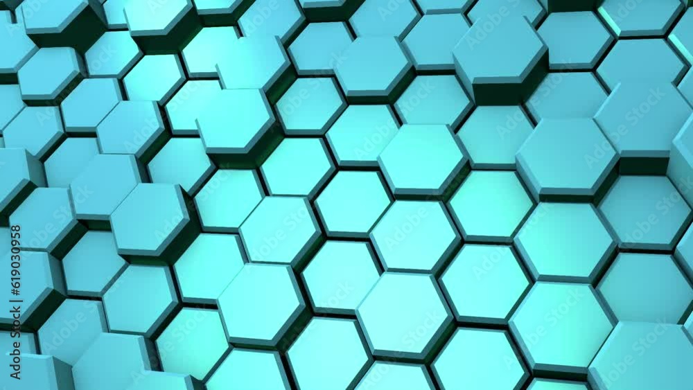 Poster light blue 3d dynamic hexagons. rendering animation. video background and screensaver.