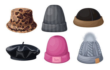 Warm hats set vector illustration. Cartoon isolated different types of caps for cold season collection, beanie to protect head of woman and man from snow in winter, bucket hat with fur, woollen beret - obrazy, fototapety, plakaty