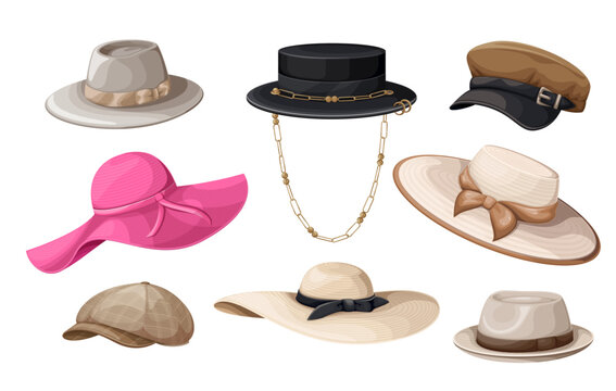 Fashion womens hats set vector illustration. Cartoon isolated female different types of fashionable headgear collection with classic elegant models of hats, stylish summer straw sunhat, newsboy cap
